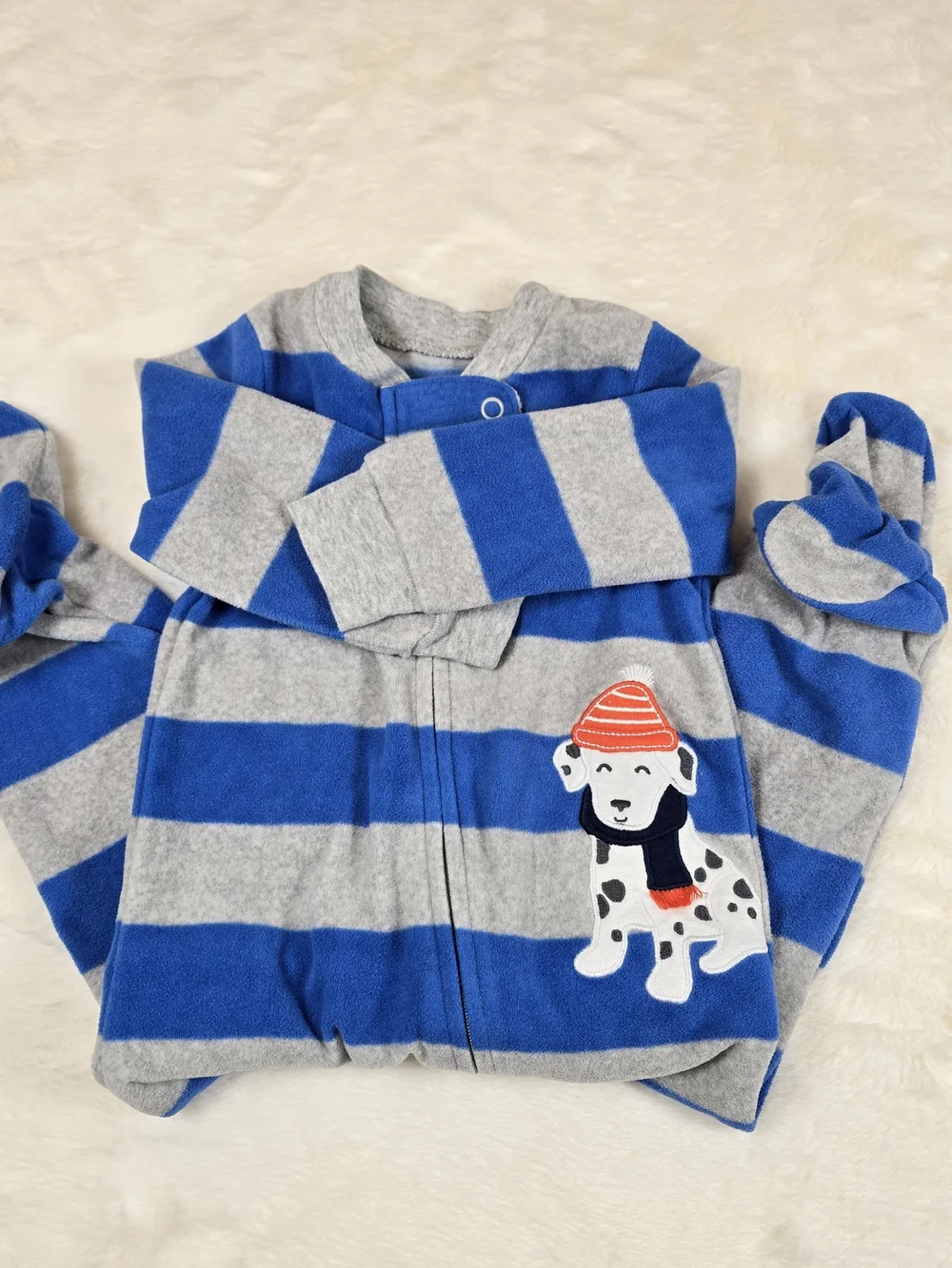 Carter's Blue & Gray Striped Fleece Footed One-Piece with Puppy Patch 9M